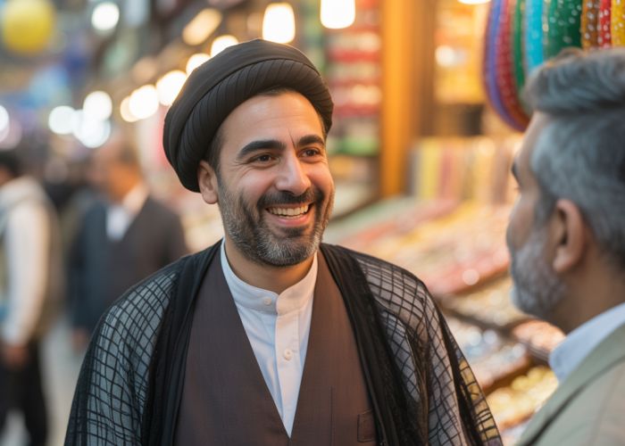 An Iranian person warmly greeting someone in Farsi in a bustling Tehran bazaar.