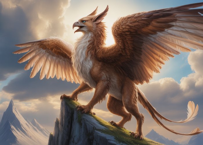 Griffin-Human hybrid on a mountain, majestic and powerful.