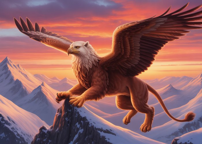 A powerful griffin soars against a colorful sunset backdrop over snow-capped mountains.