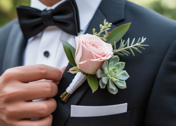 Close-up of groom's lapel showcasing perfect boutonniere placement.