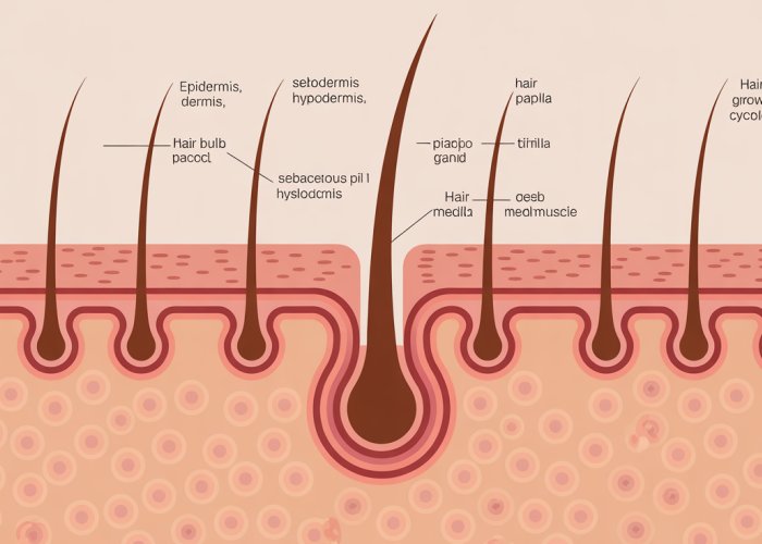 Labeled diagram of a human hair follicle showing its structure and components.
