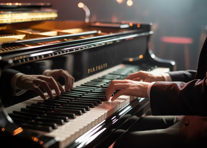 Pianist playing a half-diminished seventh chord in a jazz club.
