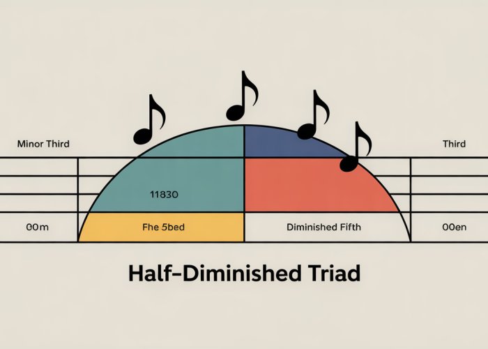 Illustration of a half-diminished triad: root, minor third, and diminished fifth. Used in music theory to create tension and resolution.