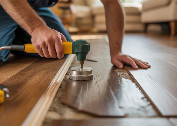Close-up of a craftsman repairing a damaged hardwood floor with specialized tools.