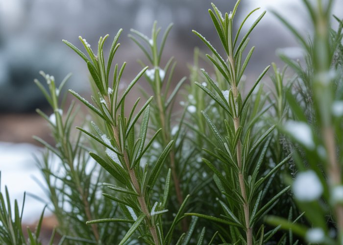 Hardy rosemary plant surviving winter conditions with frost on its leaves.