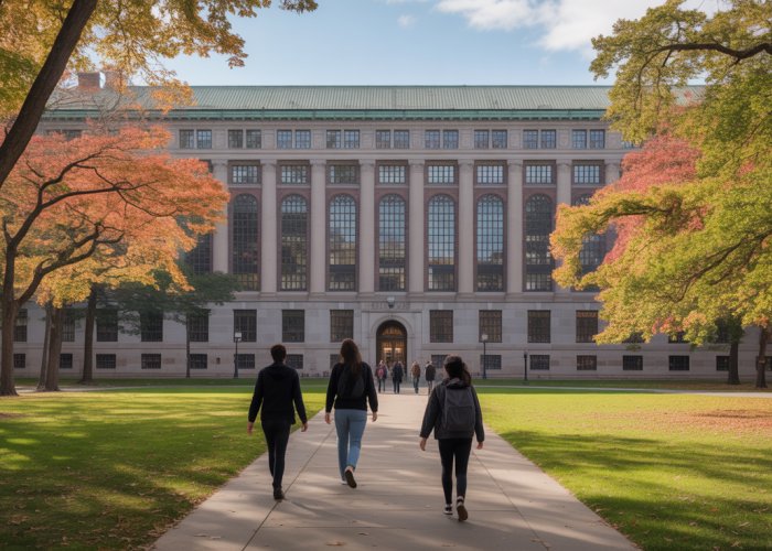 Harvard University's Widener Library in autumn, with vibrant fall foliage and students walking by.