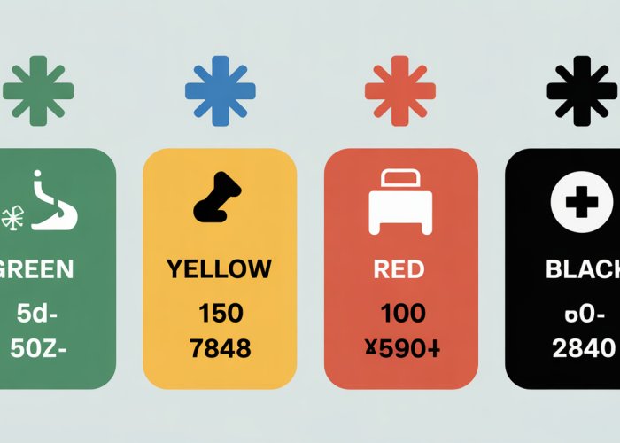 Infographic explaining hospital health color codes (Green, Yellow, Red, Black) and their meaning.