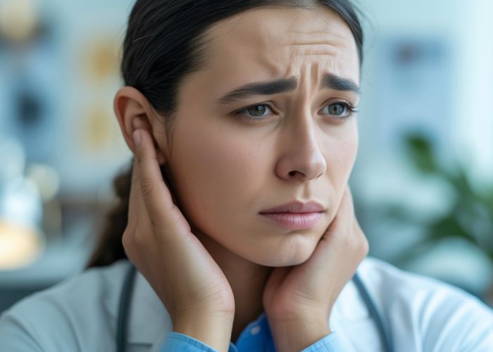 Woman experiencing ear pain and jaw discomfort, highlighting potential connection between hearing loss and TMJ.