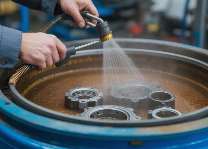 Technician cleaning automotive parts with a heated parts washer
