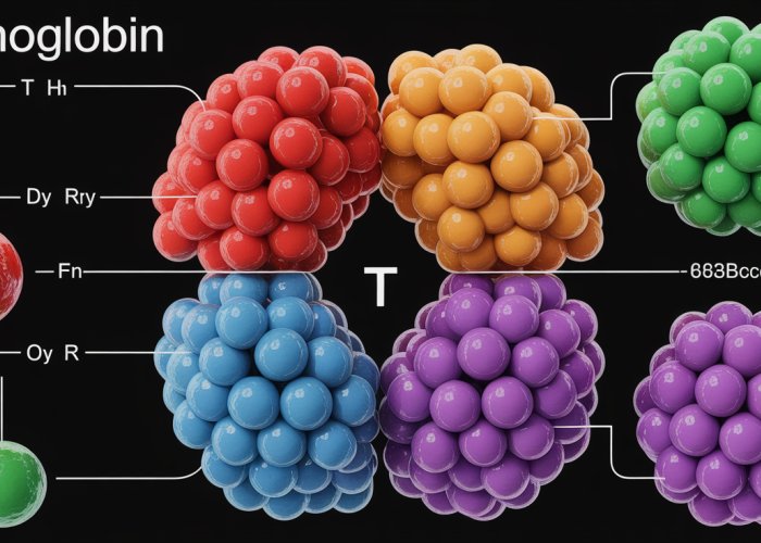 Illustration of the quaternary structure of hemoglobin, showing alpha and beta subunits, heme groups, and iron atoms.