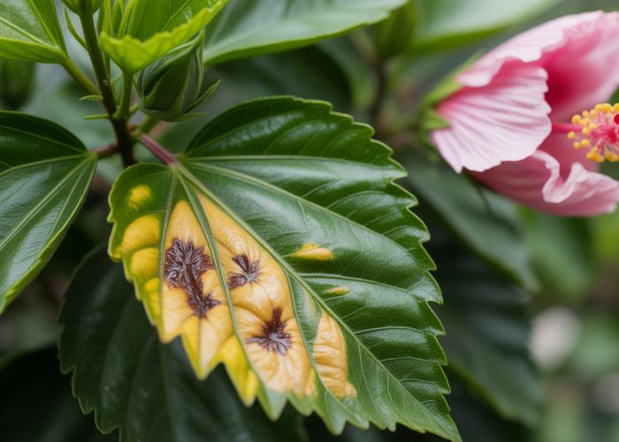 Close-up of hibiscus leaf showing symptoms of a fungal disease, with a healthy bud in the background.