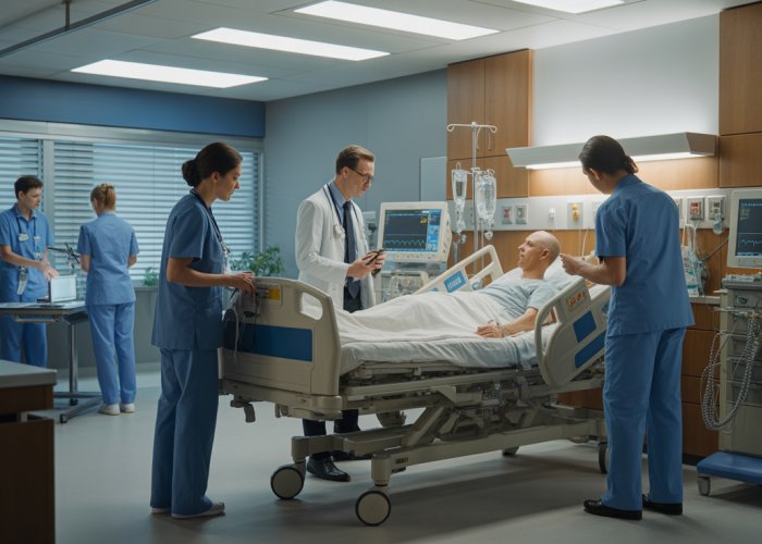 Healthcare team collaborating around a patient bed in a High Acuity Unit, utilizing advanced medical equipment.