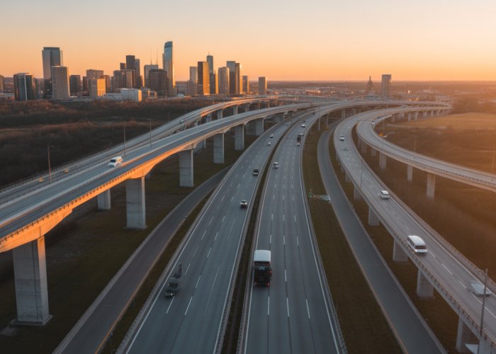 Aerial view of a highway transportation system at sunset with smooth traffic flow.