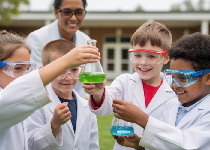 Elementary school students conduct a science experiment outdoors at Hill Learning Academy, wearing lab coats and goggles.