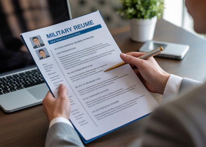 Person reviewing a veteran's resume, highlighting transferable skills from military service.