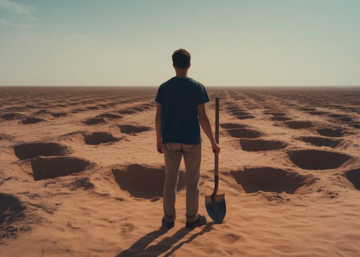 A young man standing in a vast desert landscape, surrounded by numerous holes, representing the themes of isolation and resilience in the novel 'Holes'.