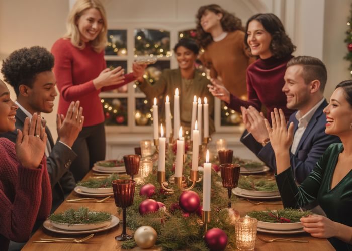 Group of friends in festive holiday attire enjoying a holiday dinner together, showcasing various style options for comfort and elegance.