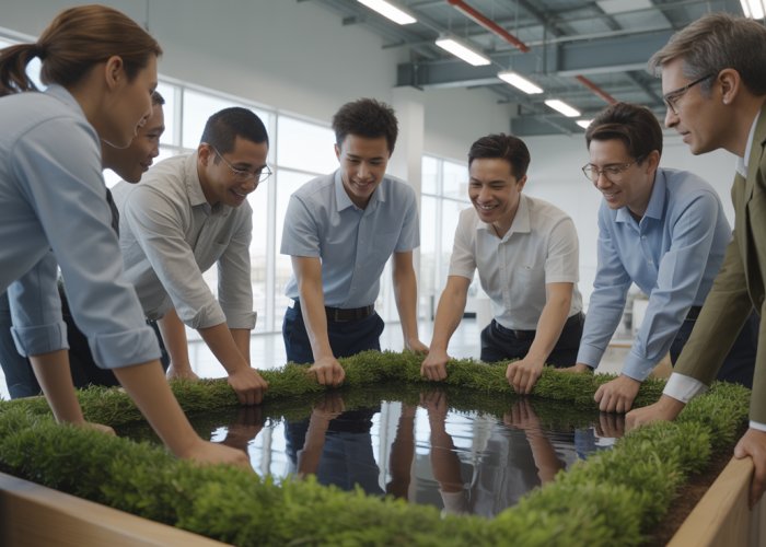 Diverse Honda team collaborating on a sustainable community project, reflecting Honda's core values of respect, innovation, and customer satisfaction.