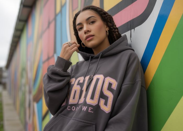 Young woman in oversized hoodie and baggy pants posing in front of a street art mural, showcasing modern 'hood style' fashion.