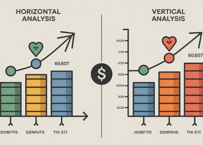 Infographic comparing horizontal and vertical analysis techniques for financial statements.