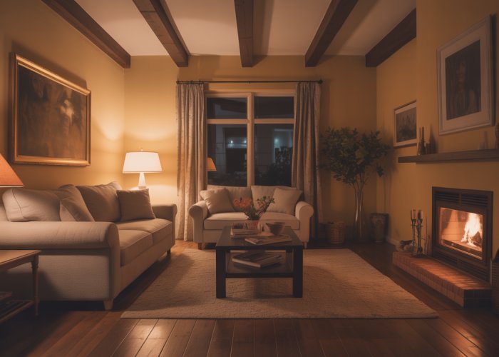 Cozy living room with warm lighting; feeling of unease hints at house popping noises.