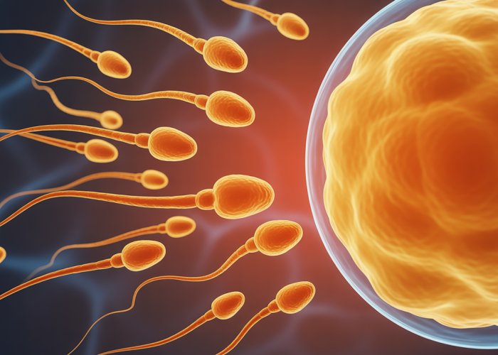 Microscopic view of human sperm cells swimming towards an egg, illustrating fertilization.
