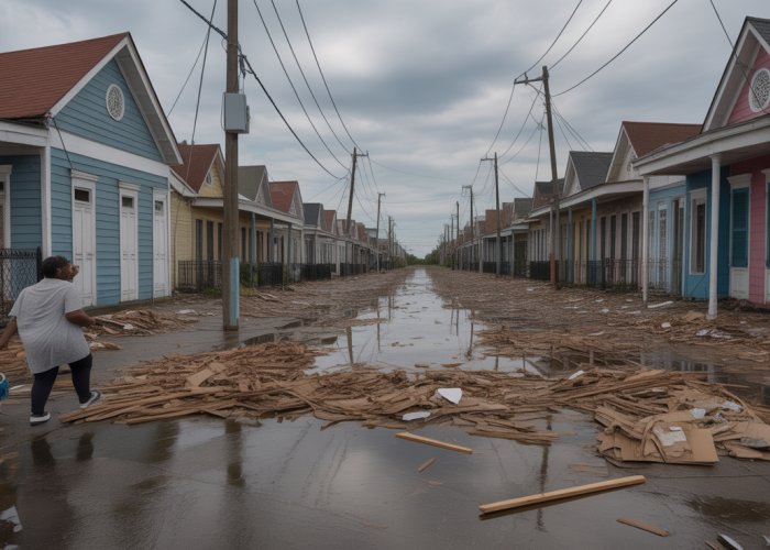 A flooded street in New Orleans after Hurricane Katrina. African American residents wade through chest-deep water, carrying belongings. Debris and damaged buildings surround them, highlighting the devastation and systemic inequities.