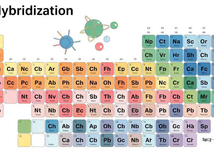 Periodic table showing element hybridization states (sp, sp2, sp3) with color-coding.