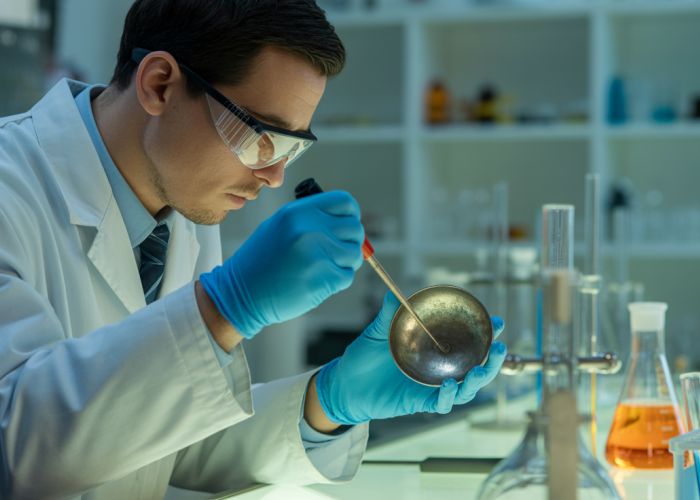 Forensic scientist examining silver object for hydrogen sulfide damage in a lab.