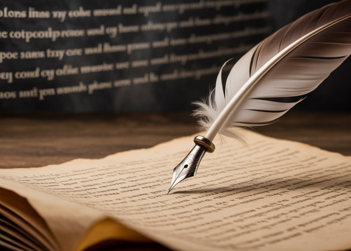 Quill pen and parchment with poetic lines suggesting iambic pentameter.