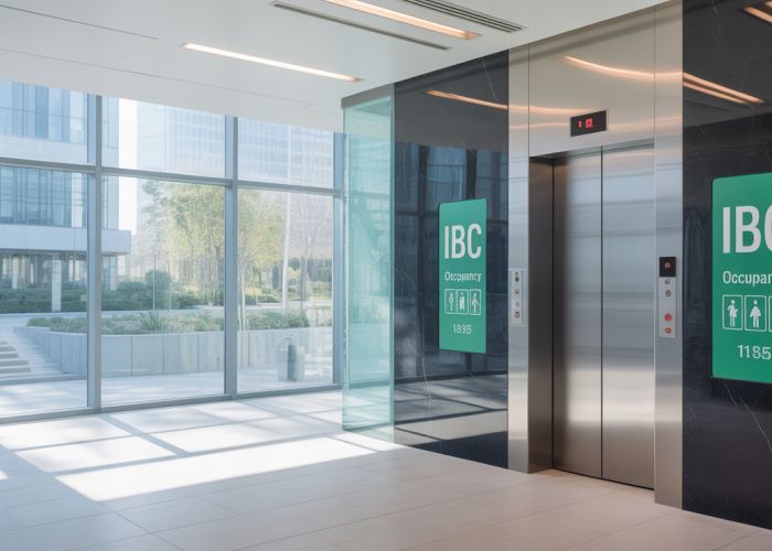 Office interior showing IBC assembly occupancy signage near elevators, emphasizing safety and compliance.