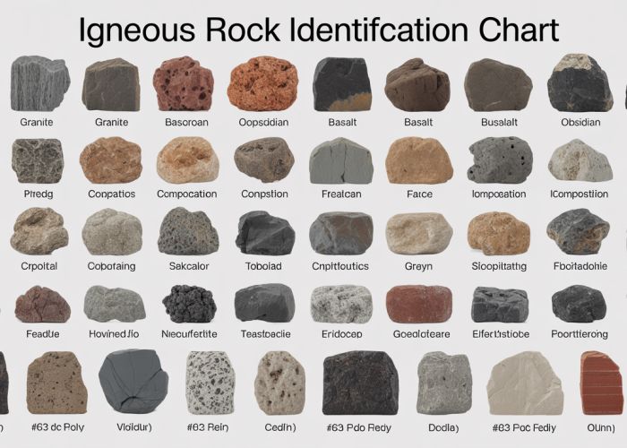 Igneous rock identification chart showing examples of granite, basalt, and obsidian with descriptions of their formation and characteristics.