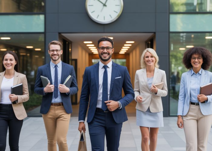 Diverse professionals arriving punctually at an office building, highlighting the value of time management.