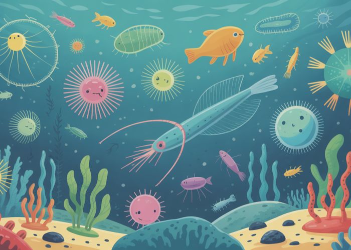 A colorful and diverse array of zooplankton floating in an aquatic environment.