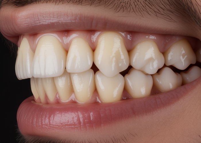 Close-up of healthy human incisor teeth demonstrating their sharp cutting edge.