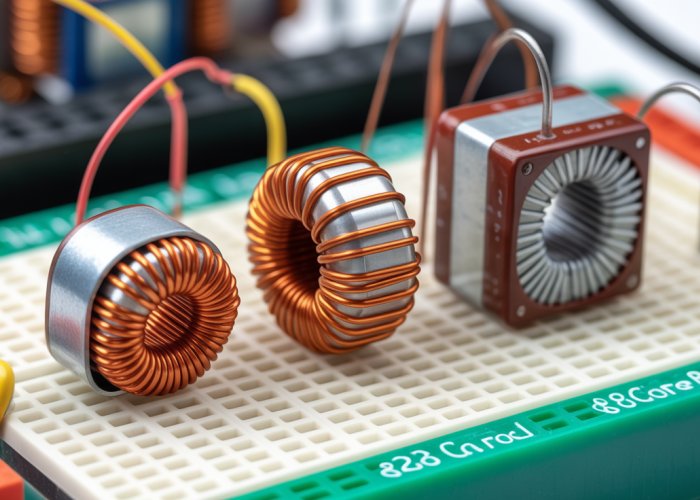 Three different types of inductors (toroidal, air core, iron core) connected in a series circuit on a breadboard.