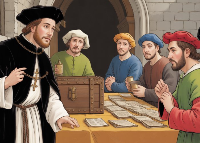 Medieval scene depicting the sale of indulgences by a clergyman to peasants.