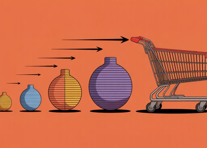 Illustration showing a small shopping cart easily moving and a large, full shopping cart being difficult to push, representing inertia momentum difference.