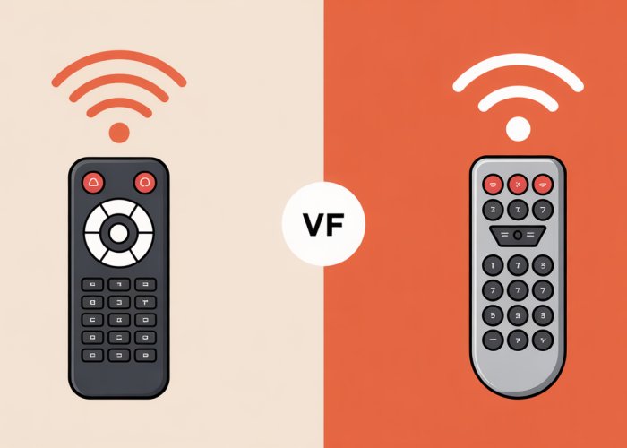 Side-by-side comparison of an infrared (IR) remote and a radio frequency (RF) remote, illustrating the key differences in technology.