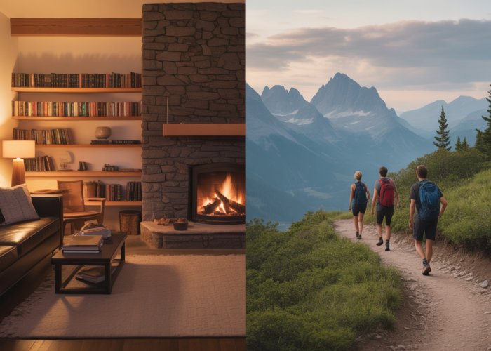 Split-screen image contrasting a cozy indoor scene with a challenging outdoor mountain trail, illustrating the inside/outside basis for choosing an activity.
