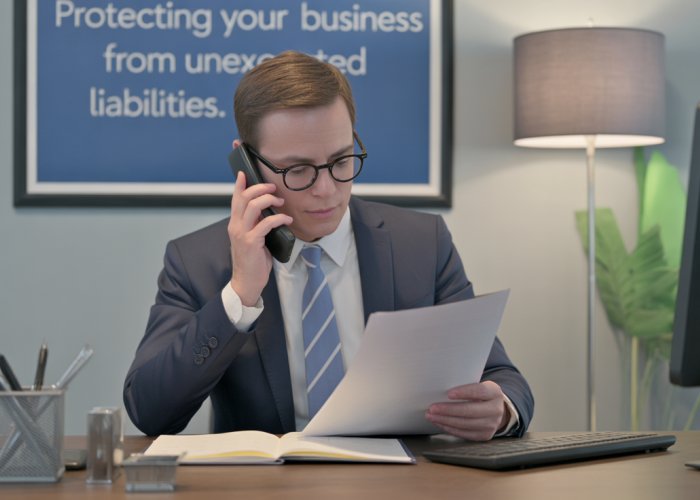 Insurance agent reviewing vicarious liability coverage options.