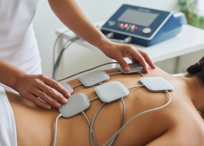 Physical therapist applying interferential current therapy to treat lower back pain.