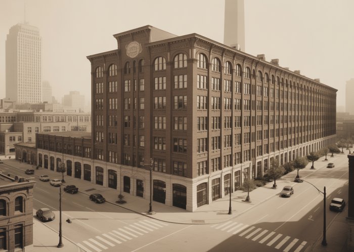 Vintage photograph of the International Shoe Co. factory building in St. Louis, MO