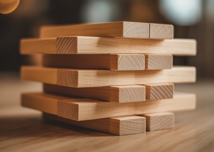 Wooden blocks stacked on top of each other, illustrating interposition as a visual depth cue.