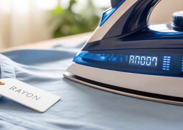 Close-up of iron set to the correct temperature for rayon fabric.