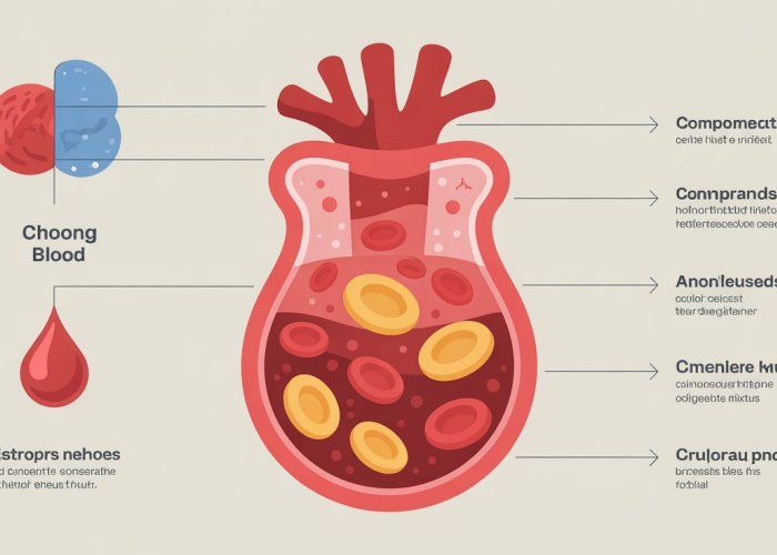 Infographic showing blood components like red blood cells, white blood cells, platelets, and plasma, highlighting the heterogeneous nature of blood.
