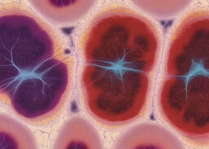 Microscopic image of heart tissue showing ischemic and necrotic areas.