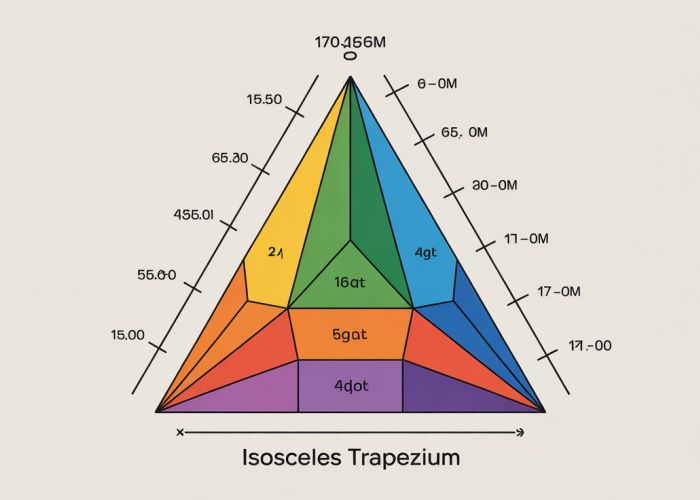 Diagram showing an isosceles trapezium with labeled angles and a guide to calculating unknown angle values.