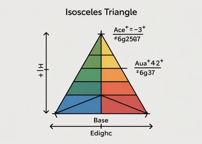 Diagram of an isosceles triangle with labeled sides (equal sides, base), height, and example dimensions. Formulas for area and perimeter are included.