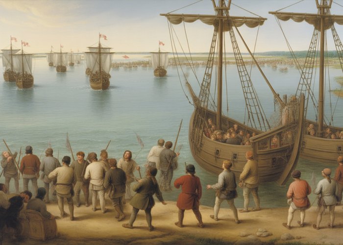 English settlers landing at Jamestown, Virginia in 1607.
